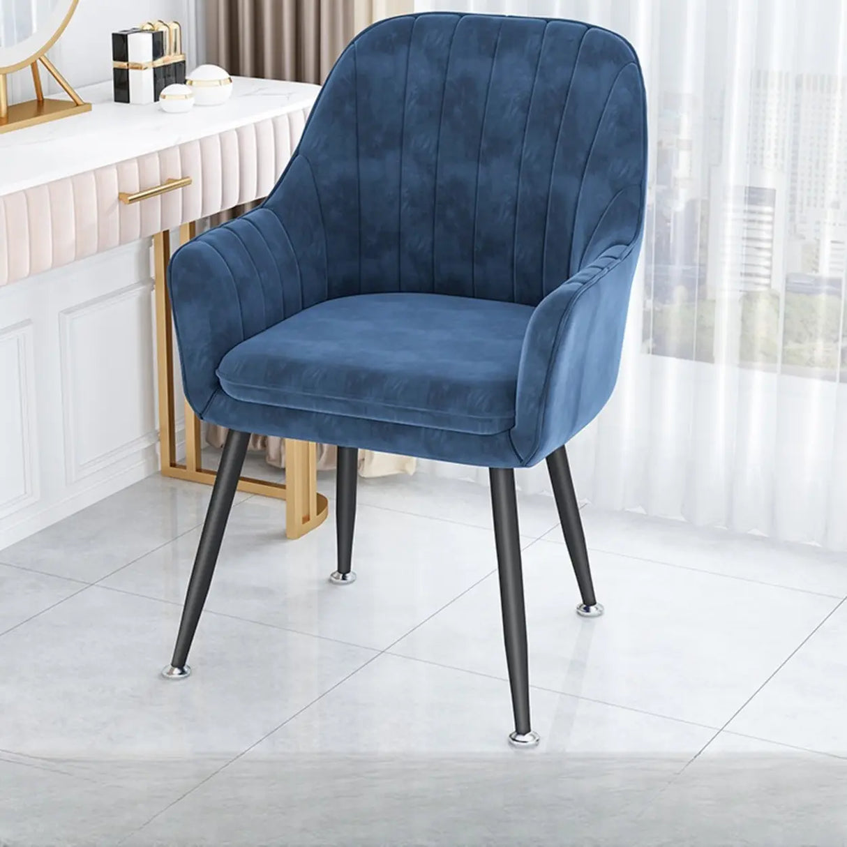Curved Solid Back Fabric Armrest Dining Chair Green Image - 7