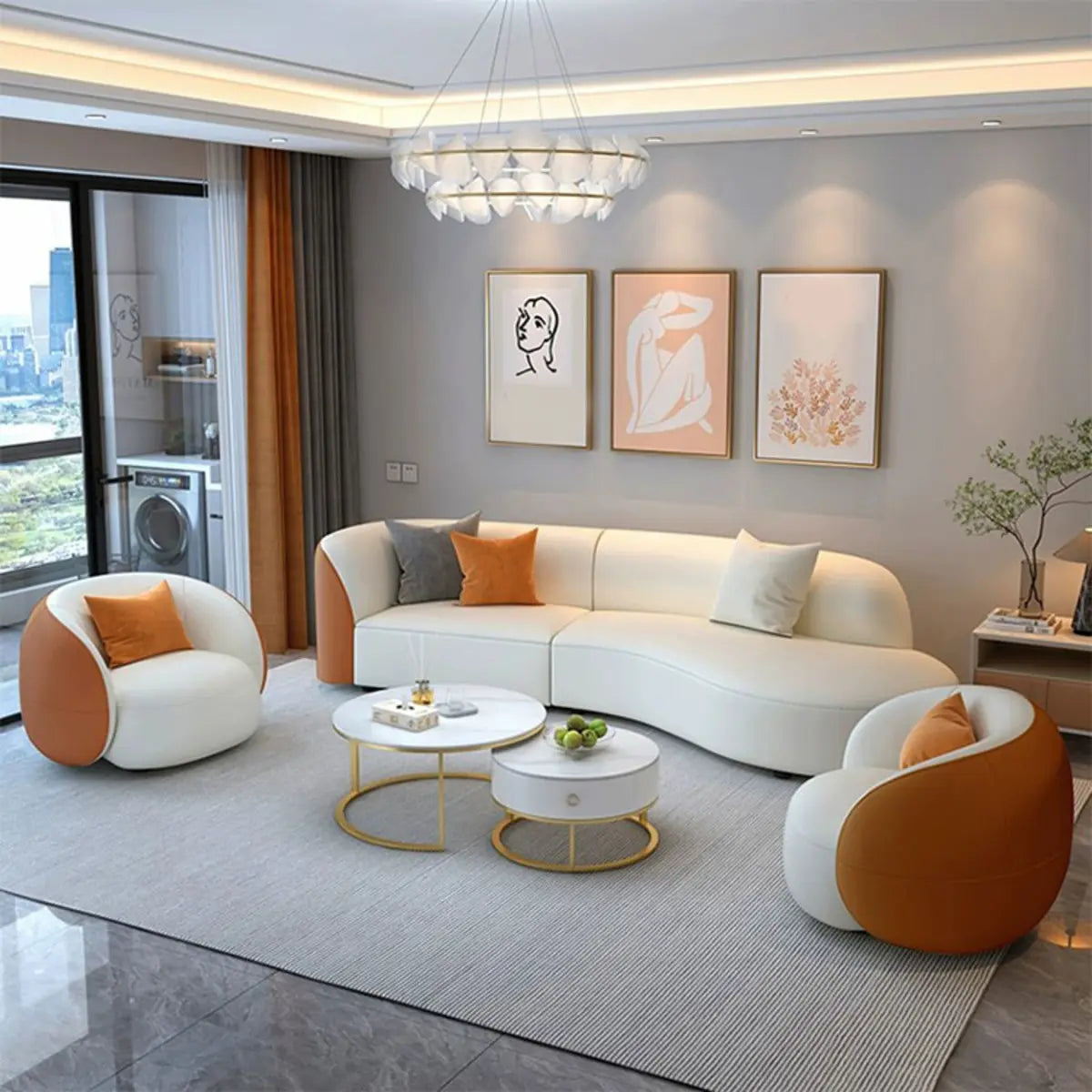 Curved Stain Resistant Leather Upholstered Back Sofa Image - 11