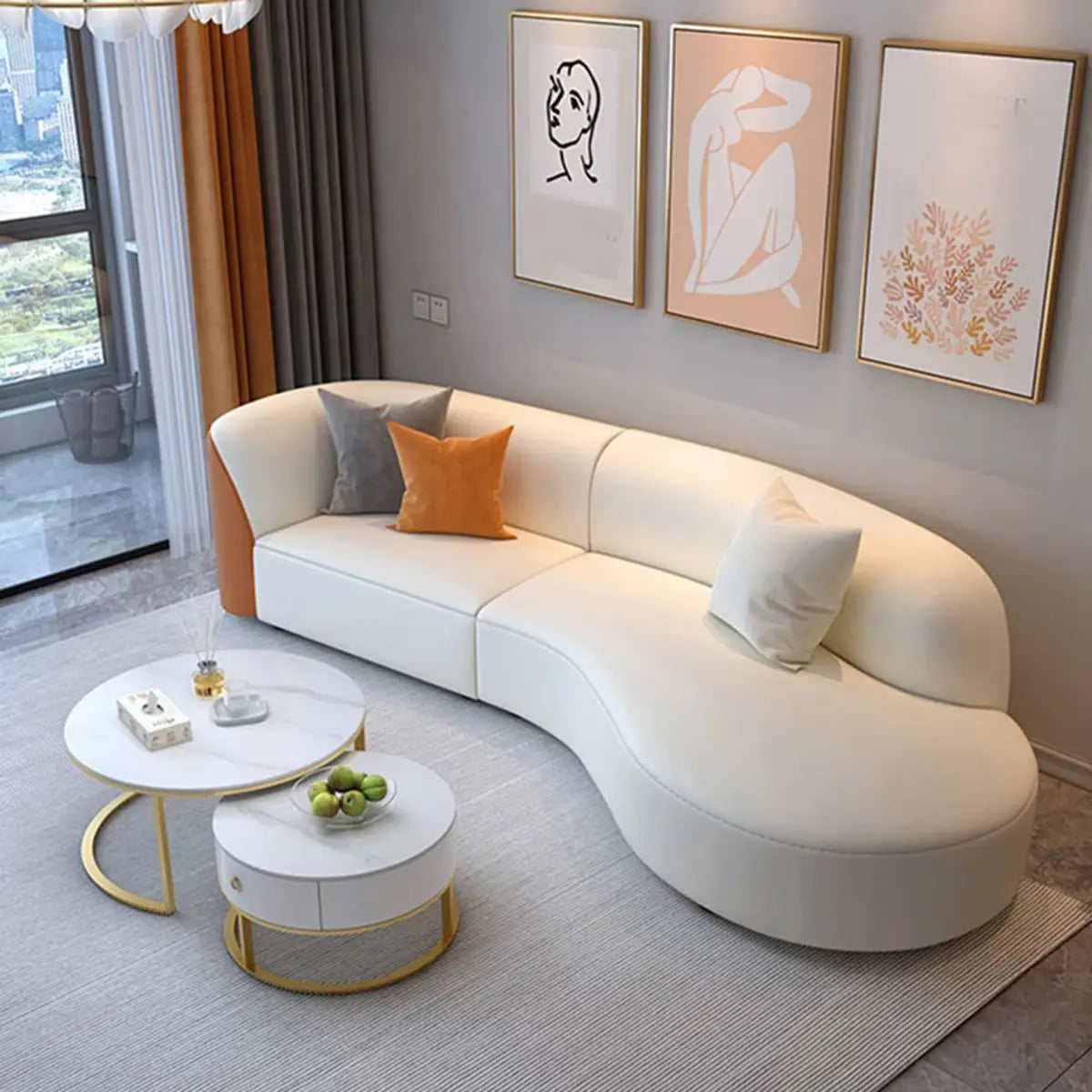 Curved Stain Resistant Leather Upholstered Back Sofa Image - 12