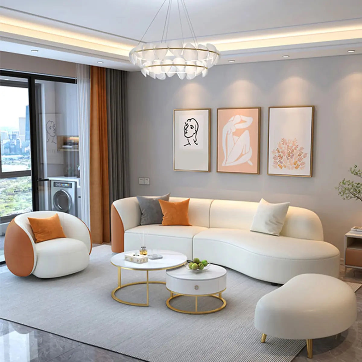 Curved Stain Resistant Leather Upholstered Back Sofa Image - 4