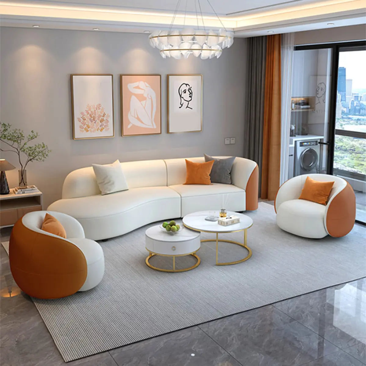 Curved Stain Resistant Leather Upholstered Back Sofa Image - 6