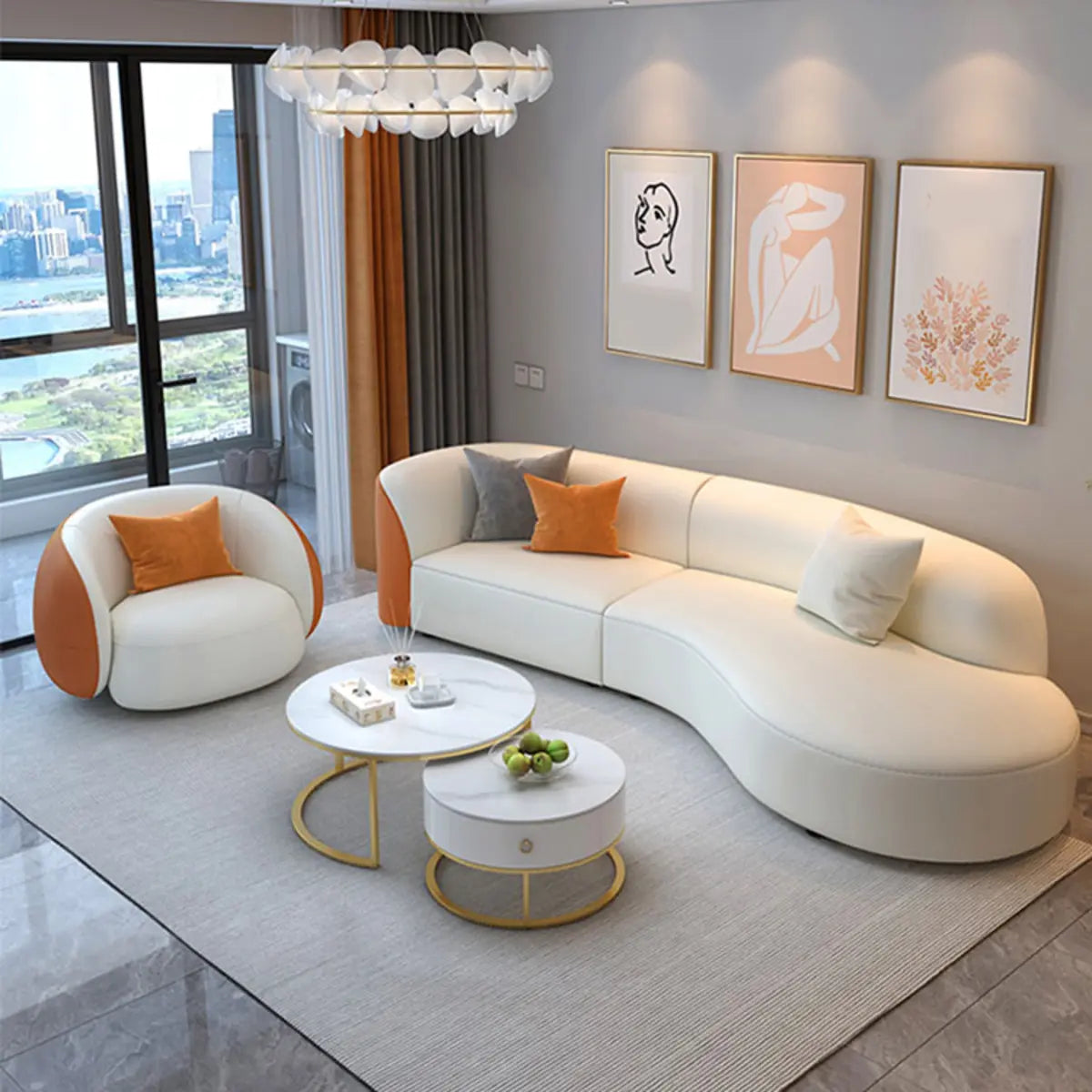 Curved Stain Resistant Leather Upholstered Back Sofa Image - 8