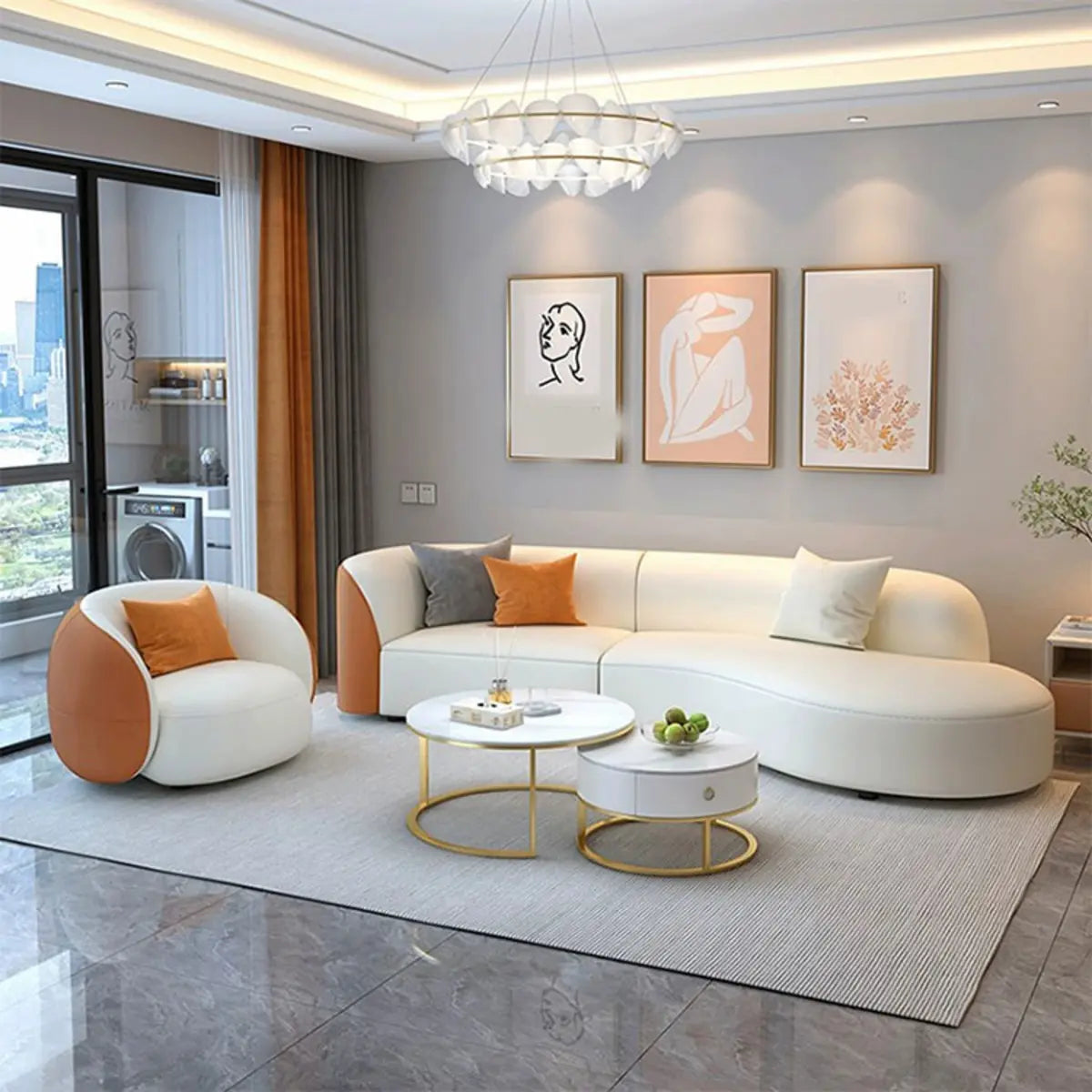 Curved Stain Resistant Leather Upholstered Back Sofa Image - 9