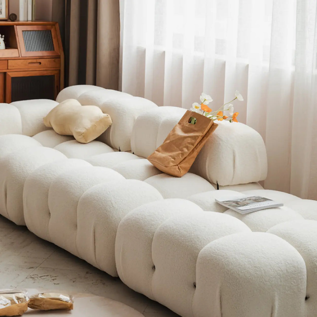 Curved White Horizontal Large Pillow Back Relax Sofa Image - 1