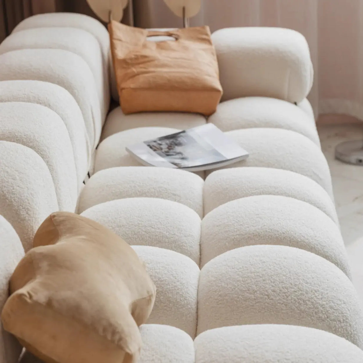 Curved White Horizontal Large Pillow Back Relax Sofa Image - 10