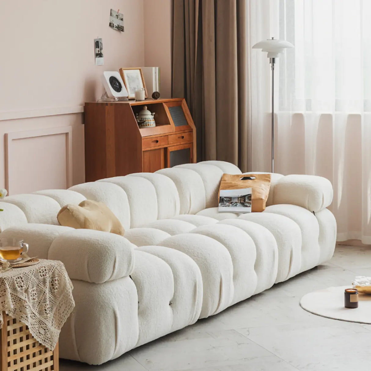 Curved White Horizontal Large Pillow Back Relax Sofa Image - 3