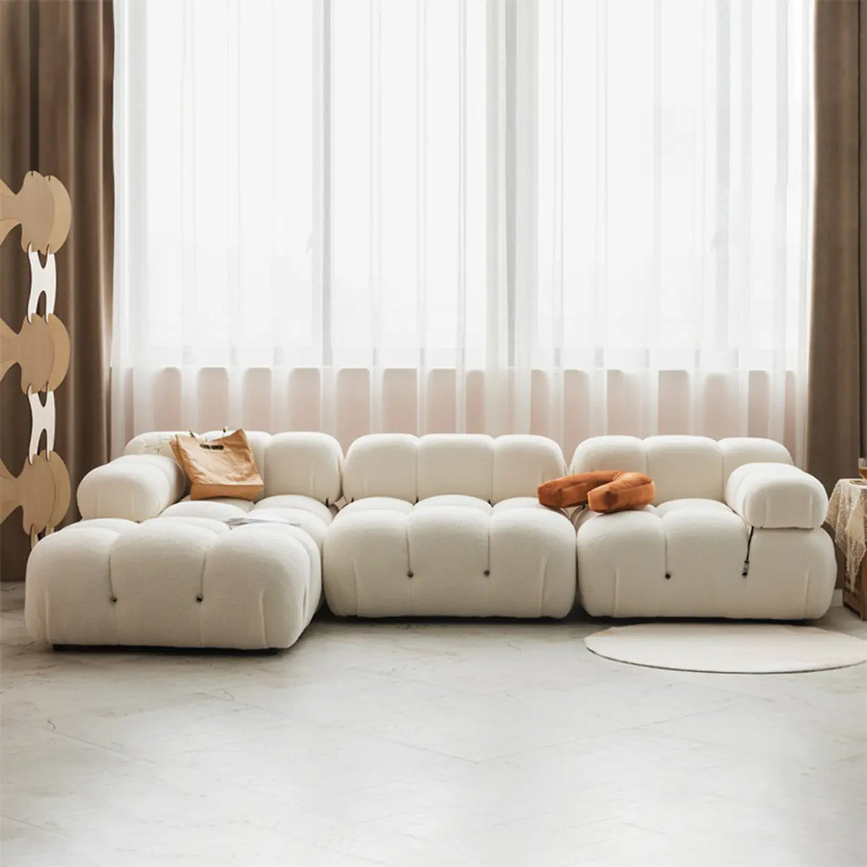 Curved White Horizontal Large Pillow Back Relax Sofa Image - 4