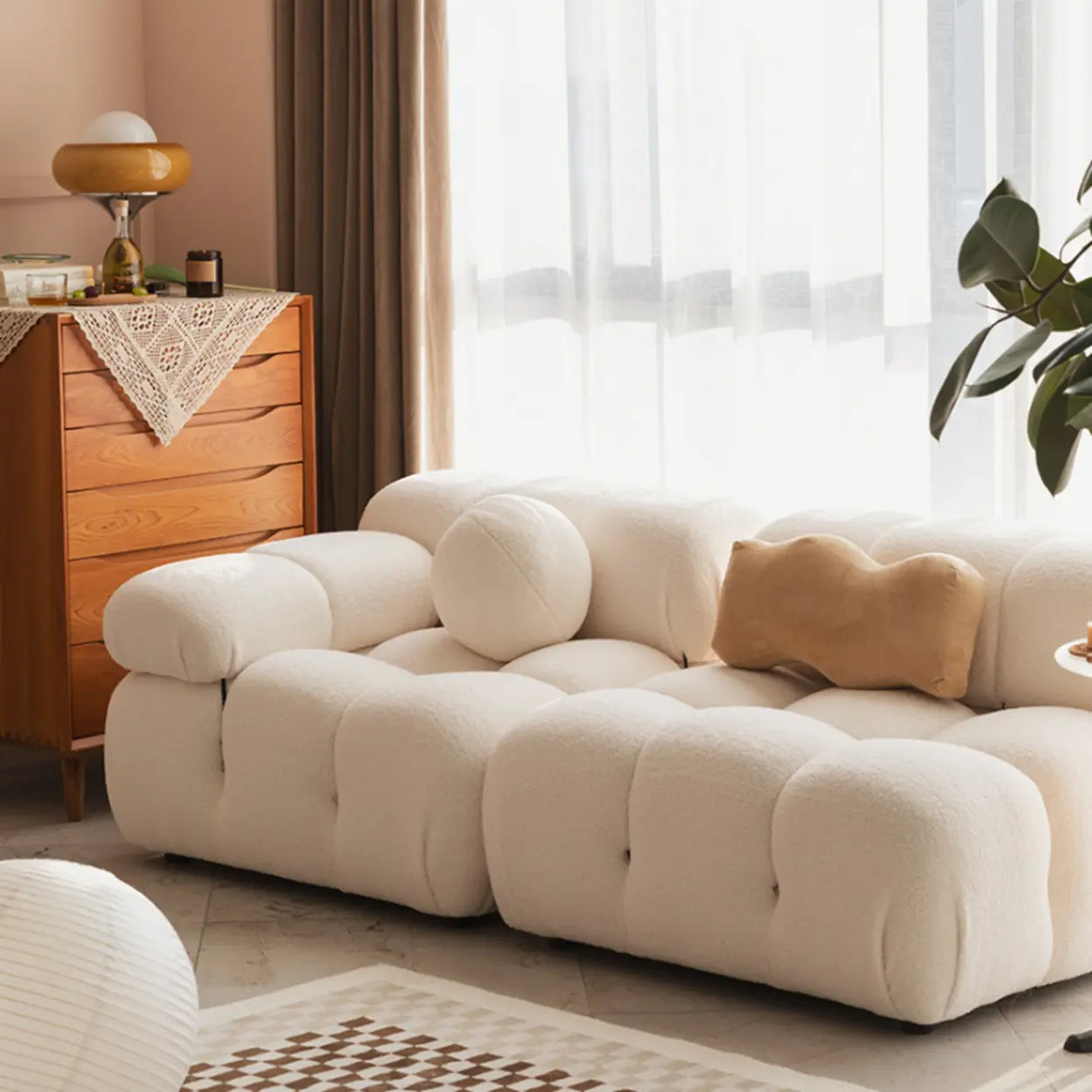 Curved White Horizontal Large Pillow Back Relax Sofa Image - 5