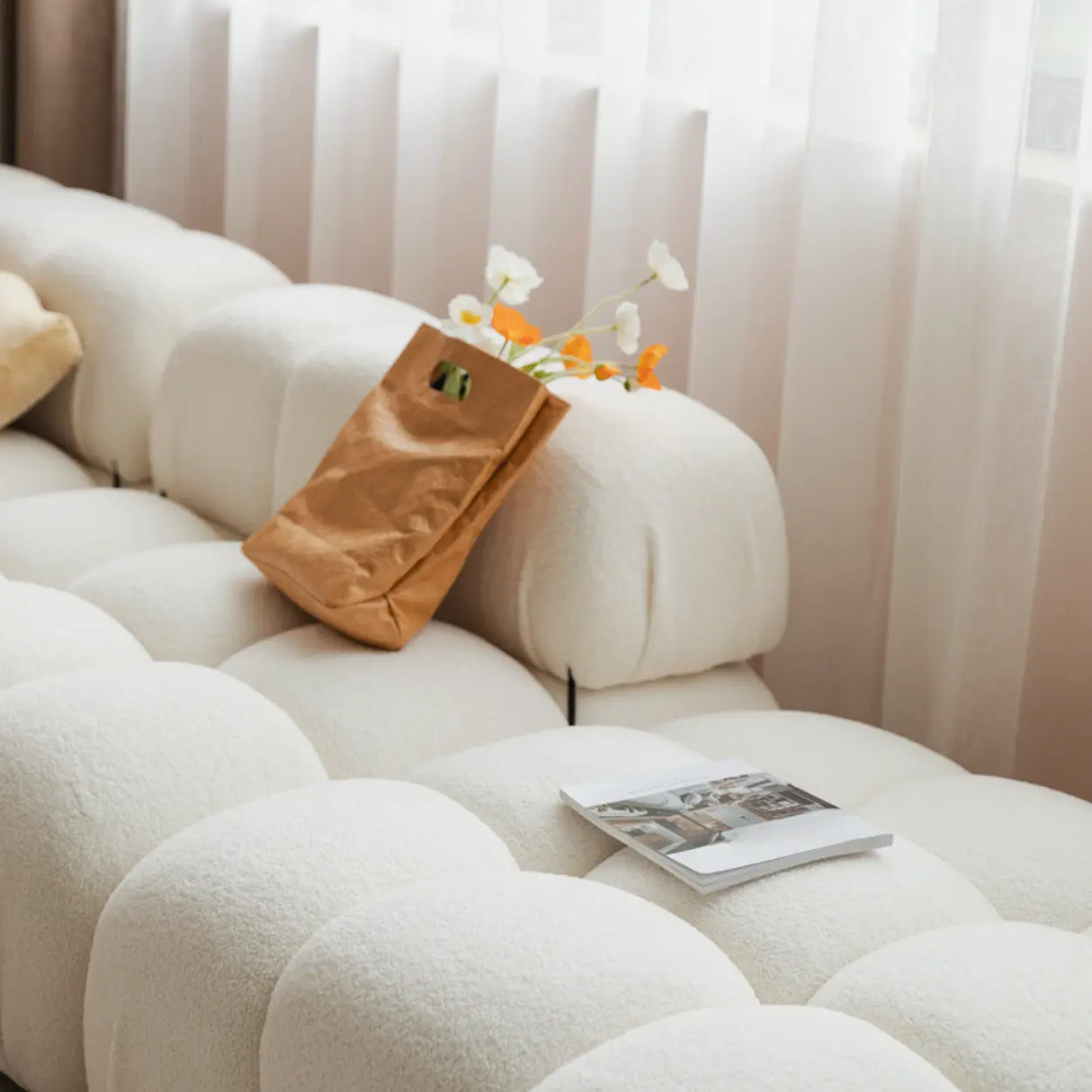 Curved White Horizontal Large Pillow Back Relax Sofa Image - 7