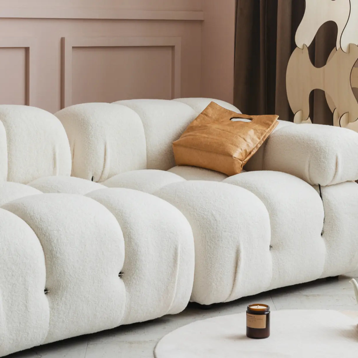 Curved White Horizontal Large Pillow Back Relax Sofa Image - 9