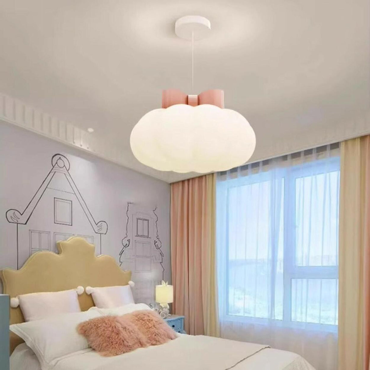 Cute Pink Bow White Cloud Acrylic Bedroom Pendant Light Image - 3