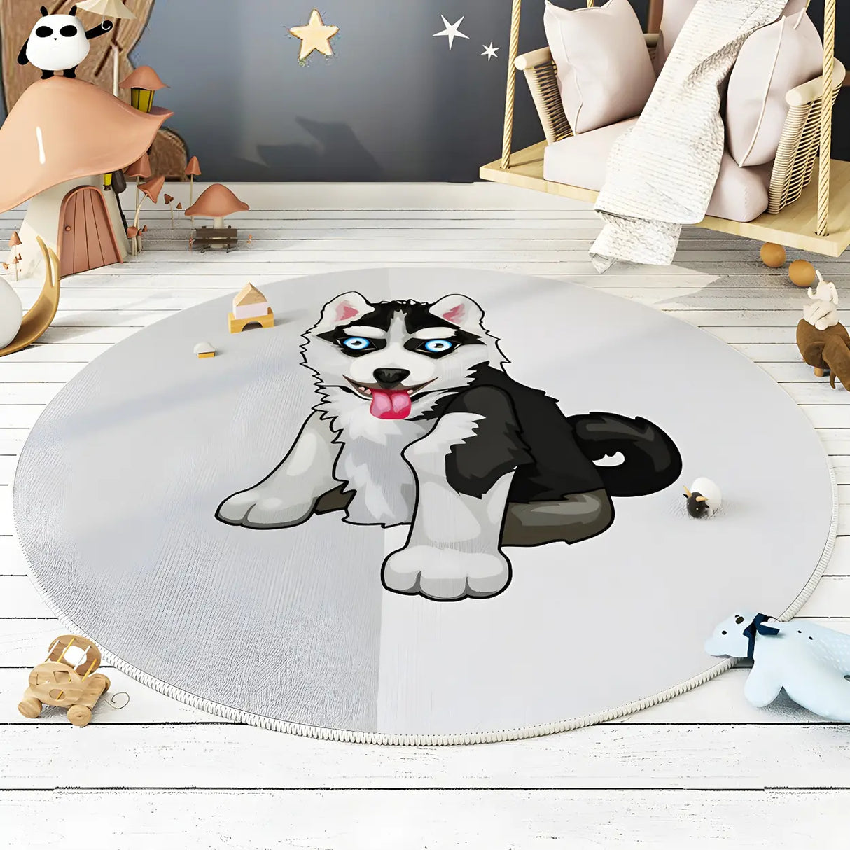 Cute Round Animal Printed Soft Polyester Gray Area Rug Image - 1