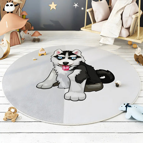 Cute Round Animal Printed Soft Polyester Gray Area Rug Image - 1