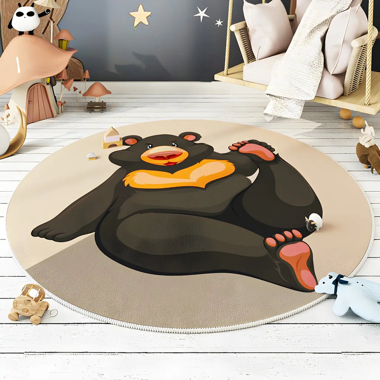 Cute Round Animal Printed Soft Polyester Gray Area Rug Image - 9