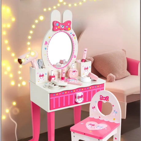 Cute Wooden Bunny Mirror Pink Storage Kids Vanity Set Image - 1