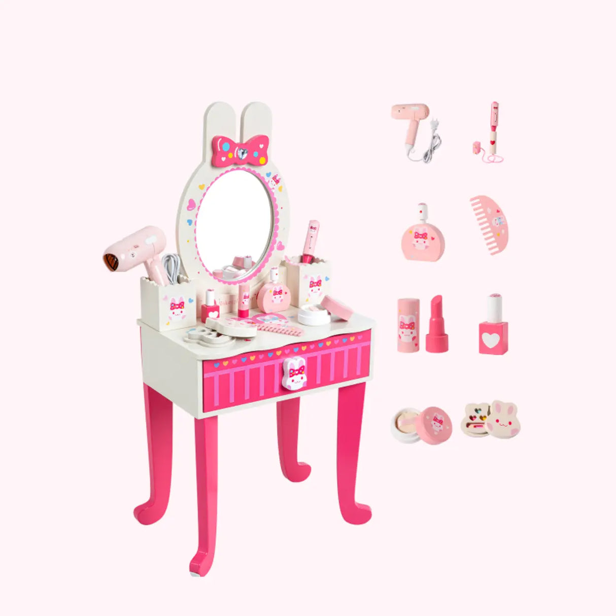 Cute Wooden Bunny Mirror Pink Storage Kids Vanity Set Image - 2