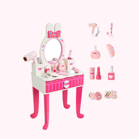 Cute Wooden Bunny Mirror Pink Storage Kids Vanity Set Image - 2