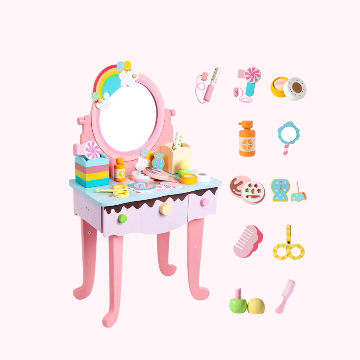 Cute Wooden Bunny Mirror Pink Storage Kids Vanity Set Image - 3