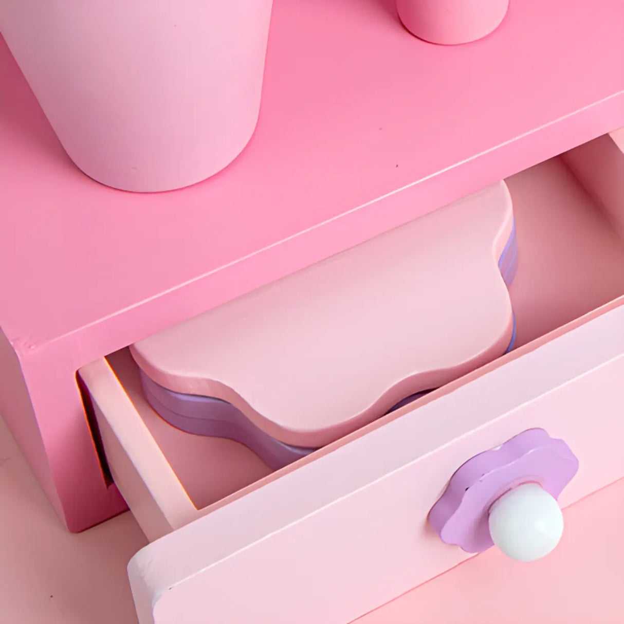 Cute Wooden Bunny Mirror Pink Storage Kids Vanity Set Image - 4