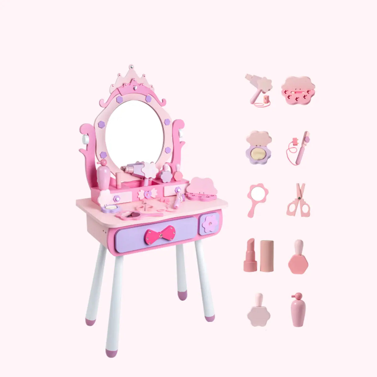 Cute Wooden Bunny Mirror Pink Storage Kids Vanity Set Image - 5