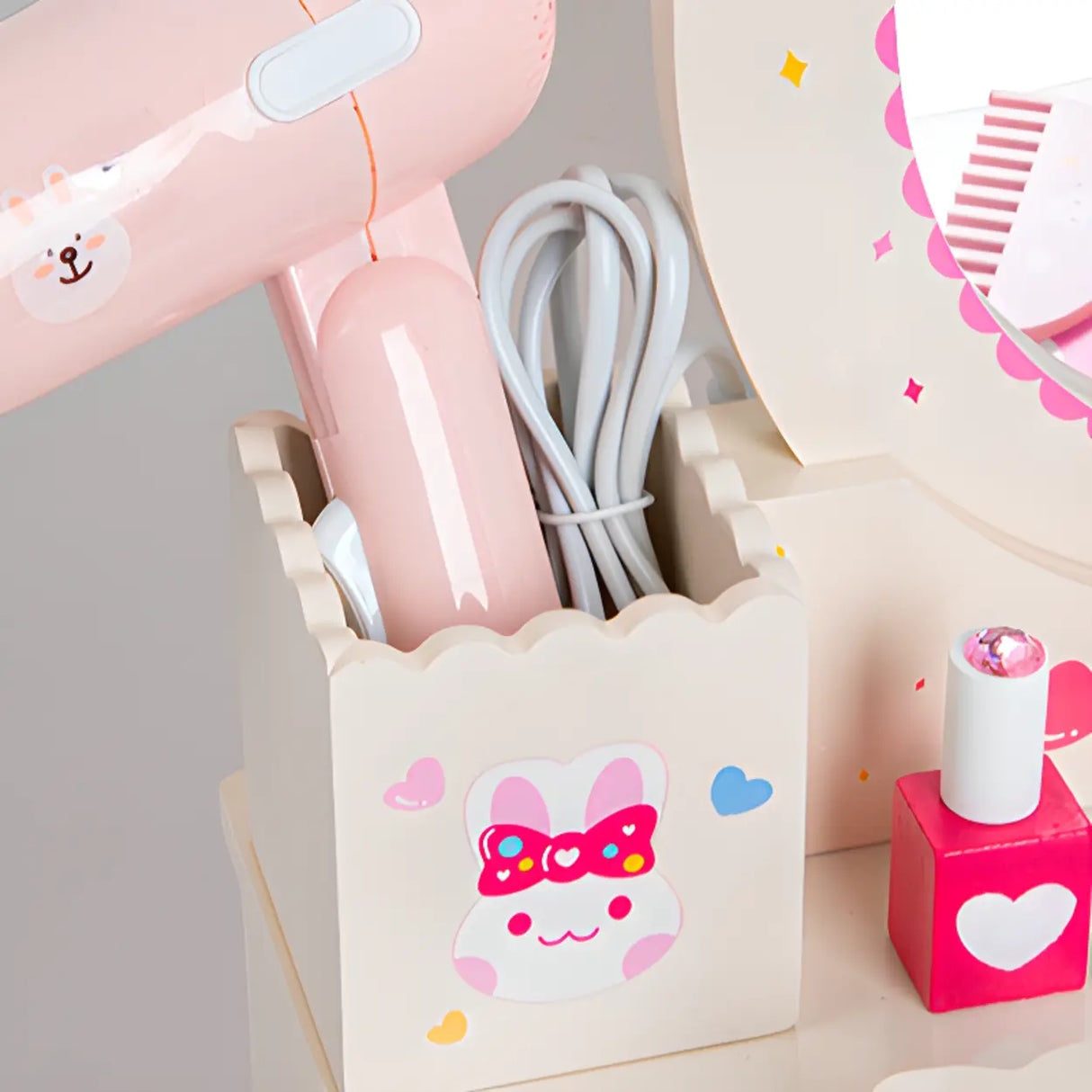 Cute Wooden Bunny Mirror Pink Storage Kids Vanity Set Image - 7