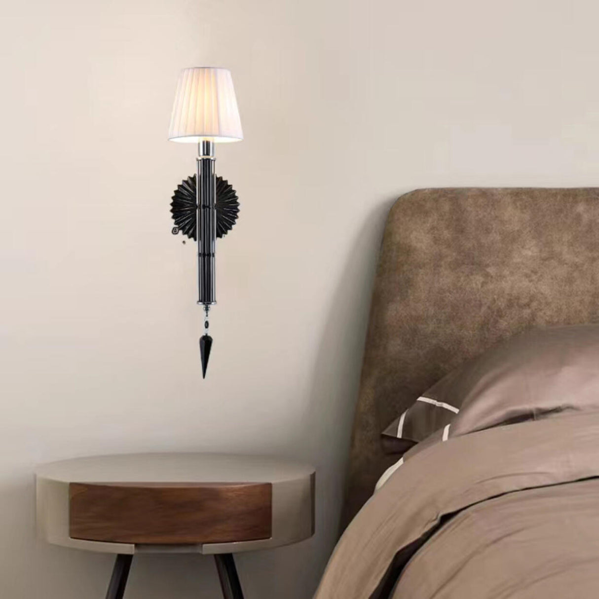 Cylinder White Pleated Glass Bedroom Wall Sconce Image - 4
