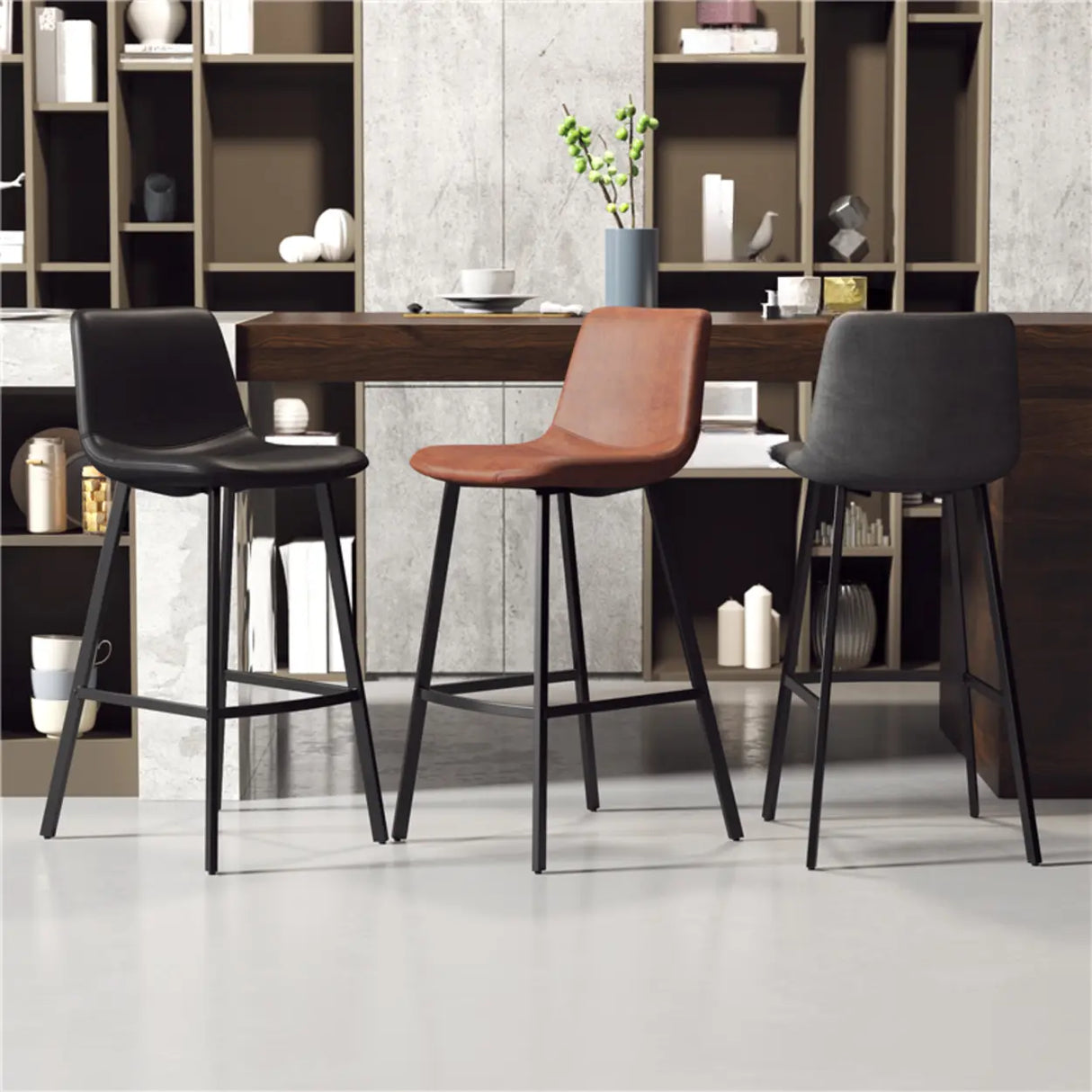 Minimalist Gray/Chalk/Dark Blue Tanned Hide Bar Stools with Quadrilateral Seat and Foot Pedestal Image - 1