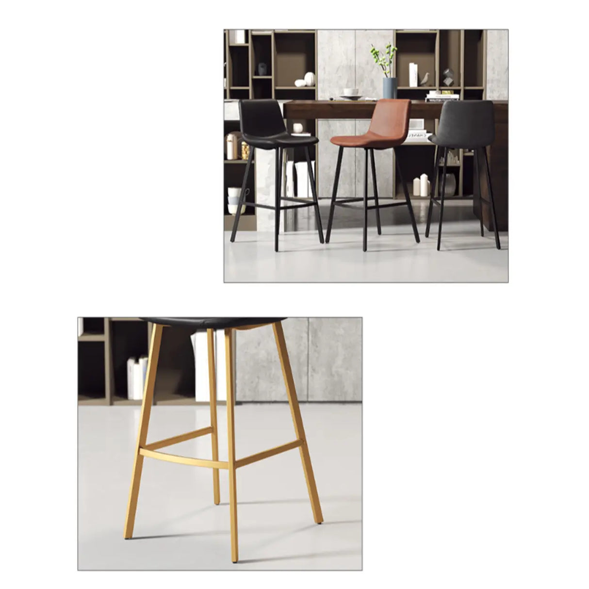 Minimalist Gray/Chalk/Dark Blue Tanned Hide Bar Stools with Quadrilateral Seat and Foot Pedestal Image - 12