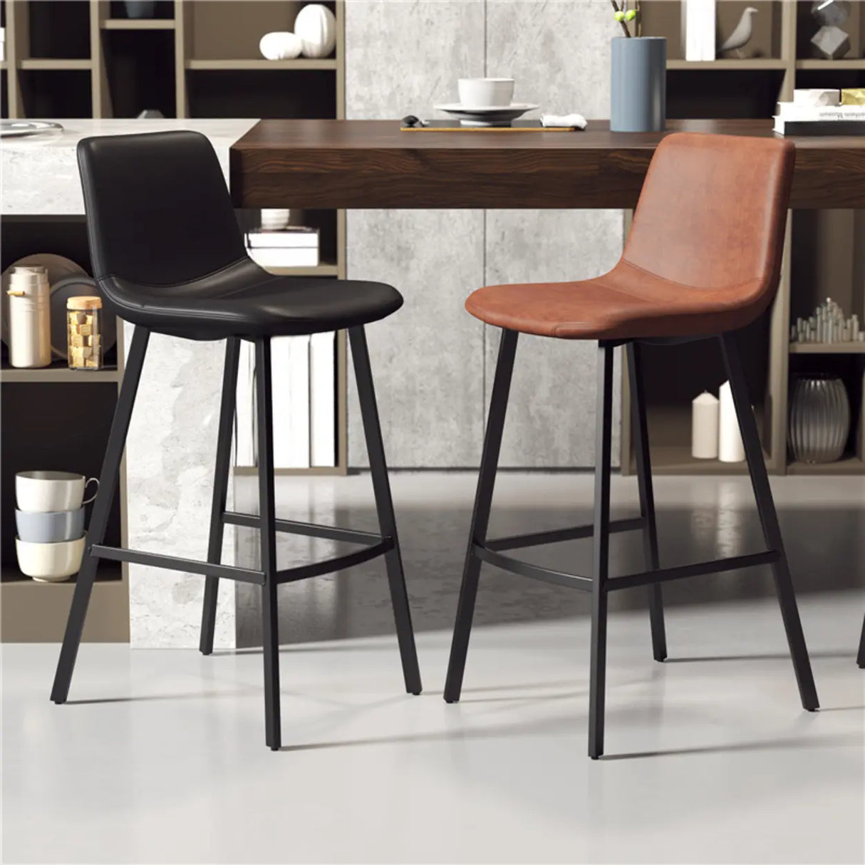 Minimalist Gray/Chalk/Dark Blue Tanned Hide Bar Stools with Quadrilateral Seat and Foot Pedestal Image - 4
