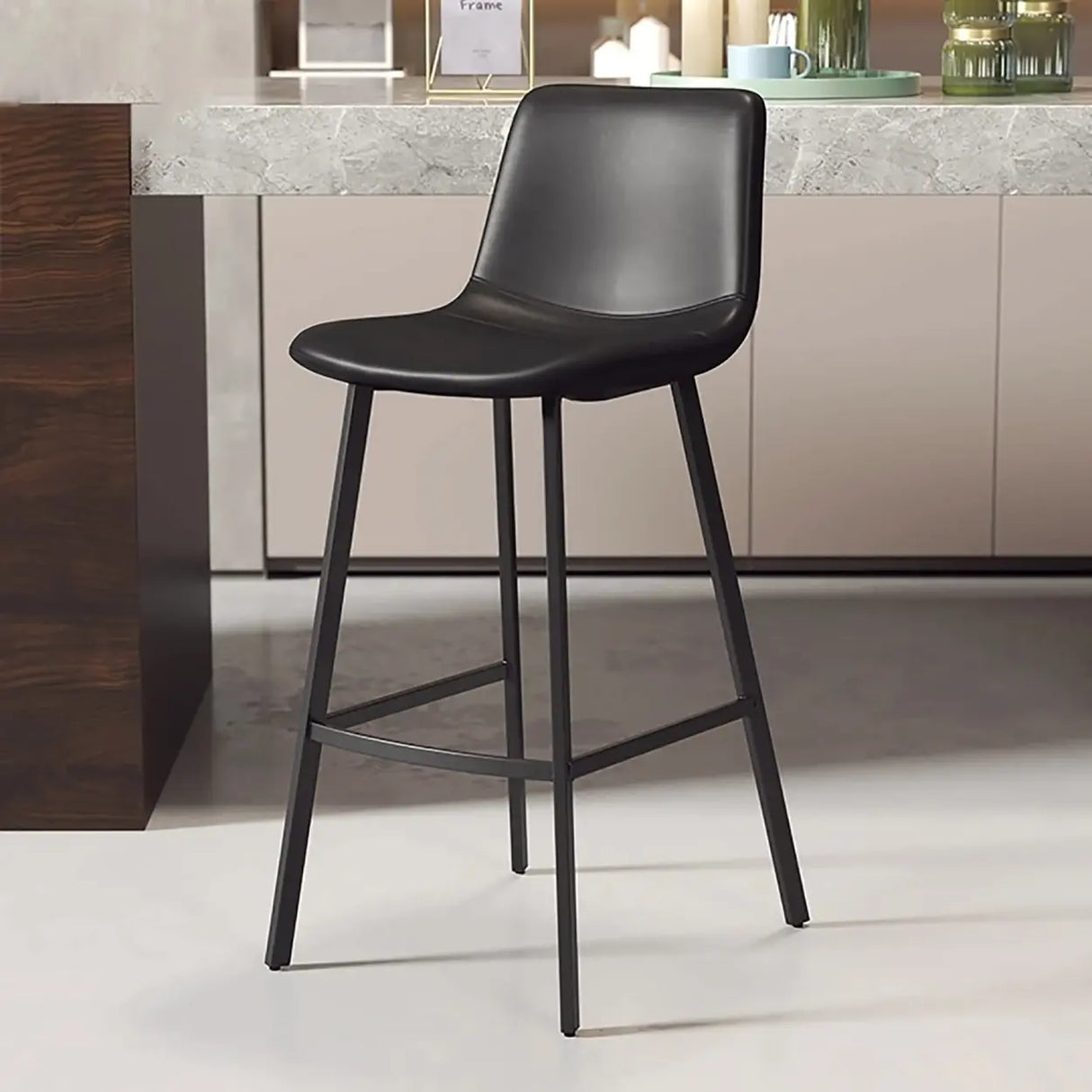 Minimalist Gray/Chalk/Dark Blue Tanned Hide Bar Stools with Quadrilateral Seat and Foot Pedestal Image - 6