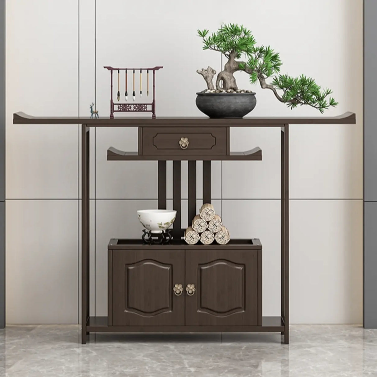 Dark Brown Wood Floor Shelf Console Table with Drawer Image - 1