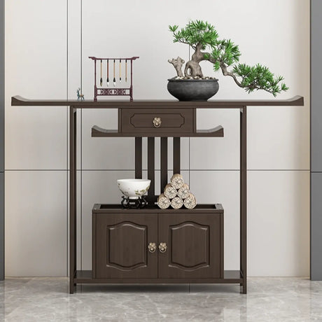 Dark Brown Wood Floor Shelf Console Table with Drawer Image - 1