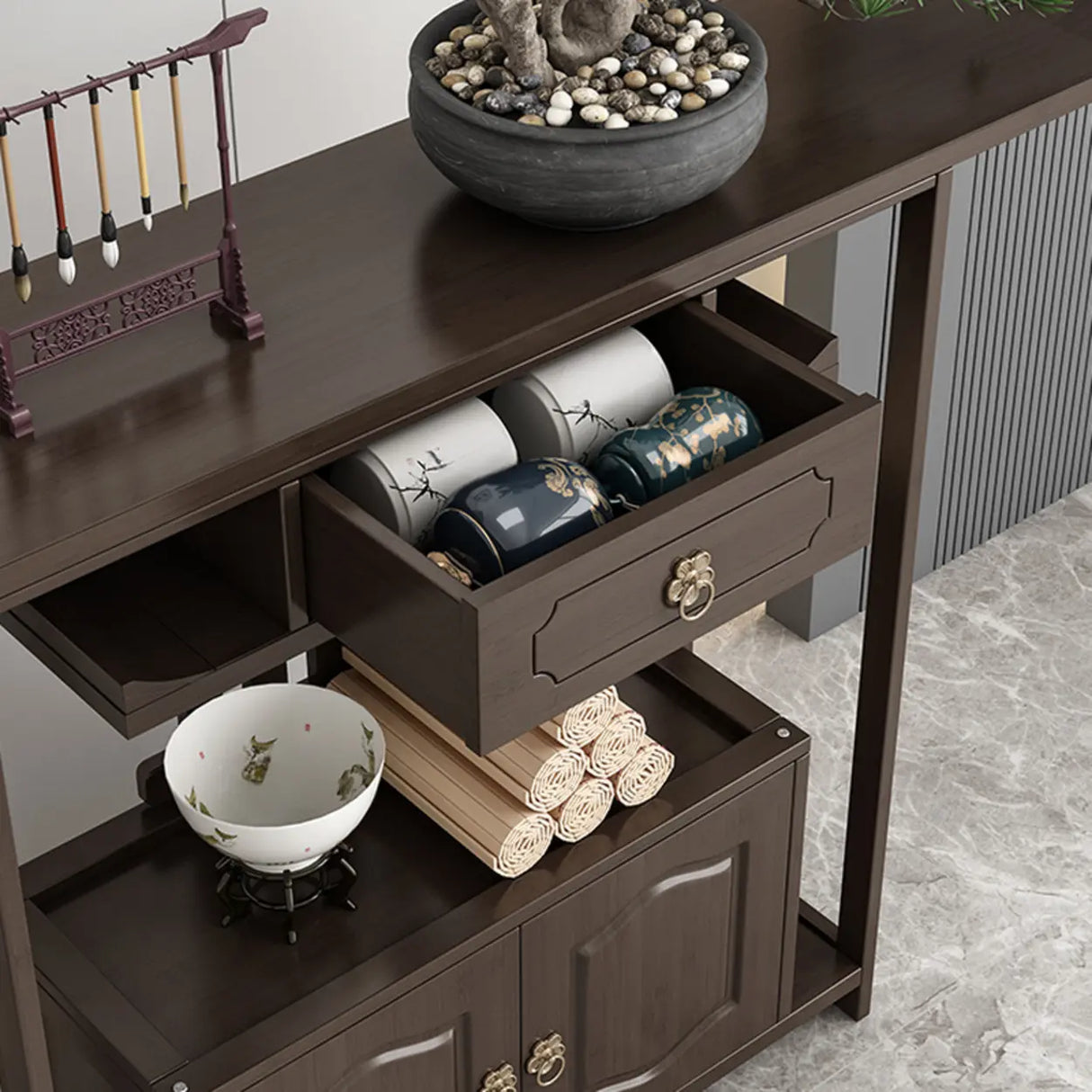 Dark Brown Wood Floor Shelf Console Table with Drawer Image - 10