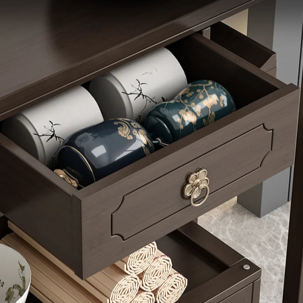 Dark Brown Wood Floor Shelf Console Table with Drawer Image - 11