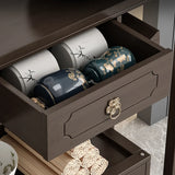 Dark Brown Wood Floor Shelf Console Table with Drawer Image - 11