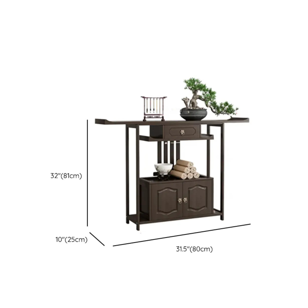 Dark Brown Wood Floor Shelf Console Table with Drawer 