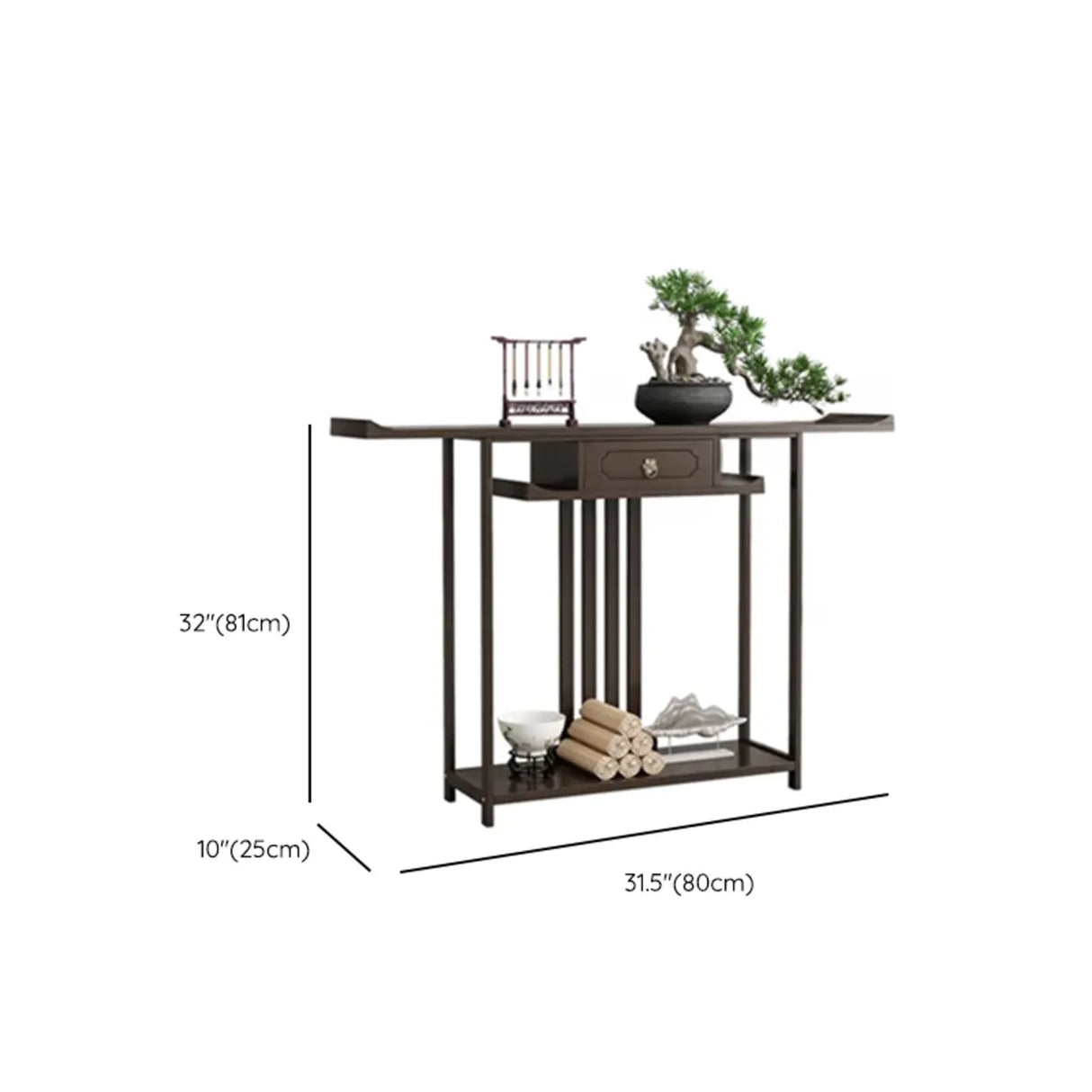 Dark Brown Wood Floor Shelf Console Table with Drawer Image - 15