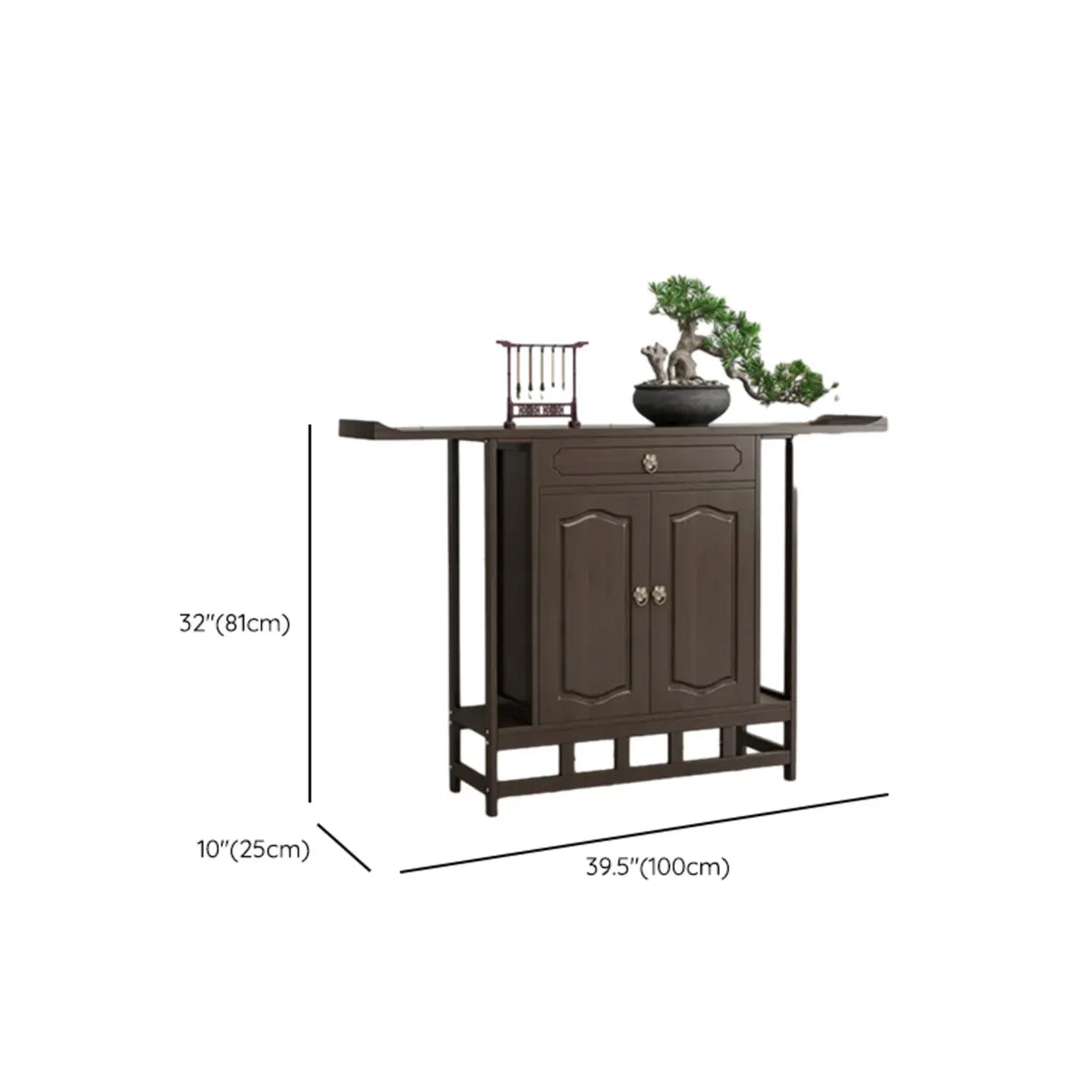 Dark Brown Wood Floor Shelf Console Table with Drawer Image - 19