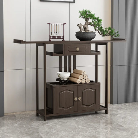 Dark Brown Wood Floor Shelf Console Table with Drawer Image - 2