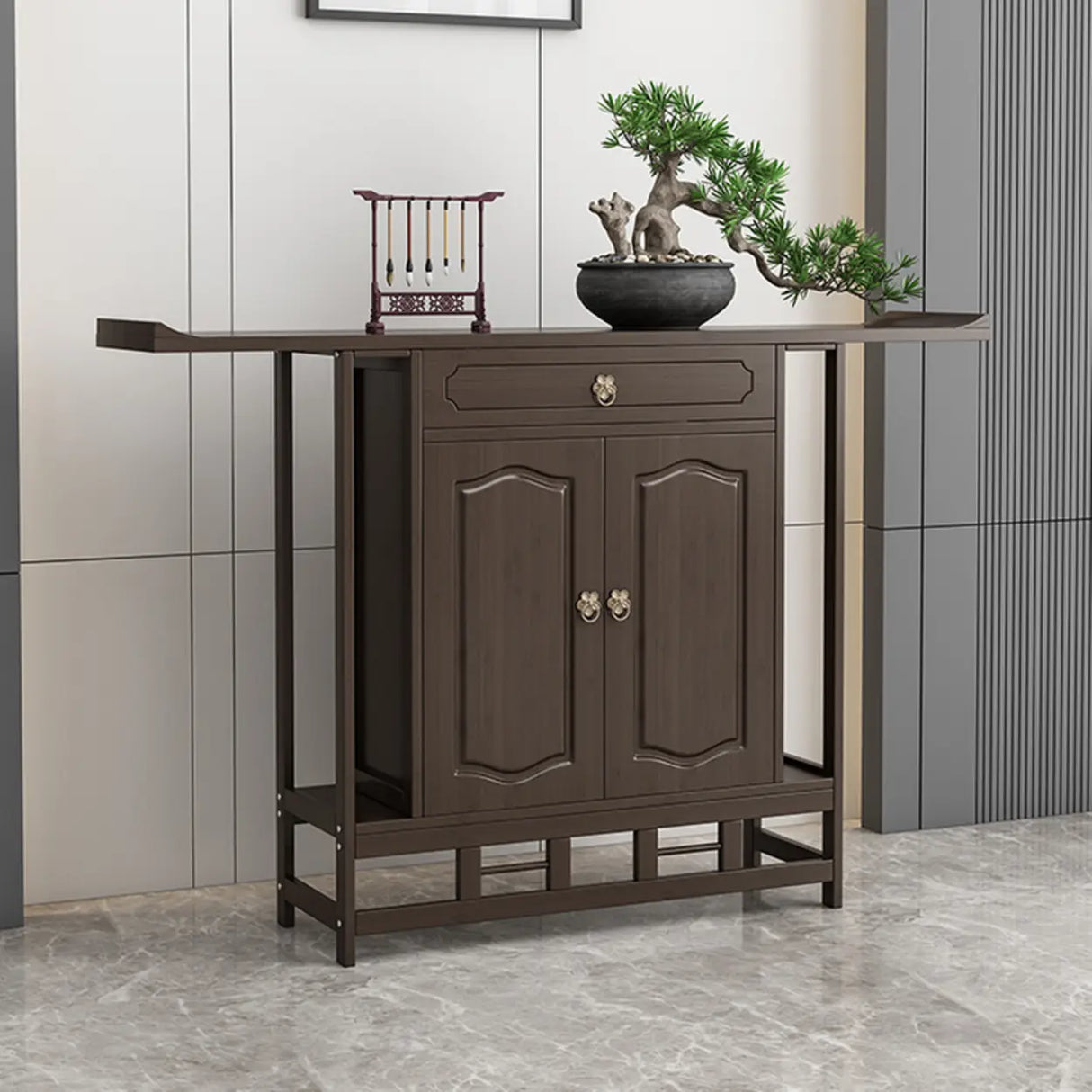 Dark Brown Wood Floor Shelf Console Table with Drawer Image - 3