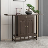 Dark Brown Wood Floor Shelf Console Table with Drawer Image - 3