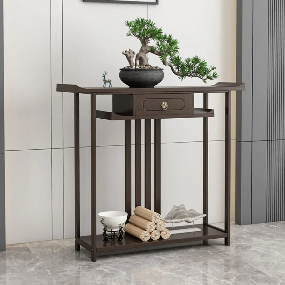Dark Brown Wood Floor Shelf Console Table with Drawer Image - 4