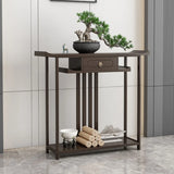 Dark Brown Wood Floor Shelf Console Table with Drawer Image - 4
