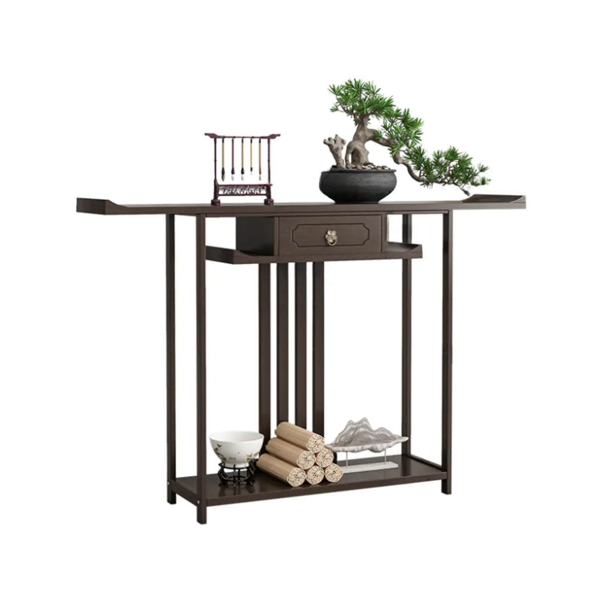 Dark Brown Wood Floor Shelf Console Table with Drawer Image - 5