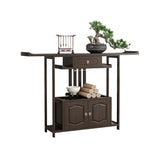 Dark Brown Wood Floor Shelf Console Table with Drawer Image - 6