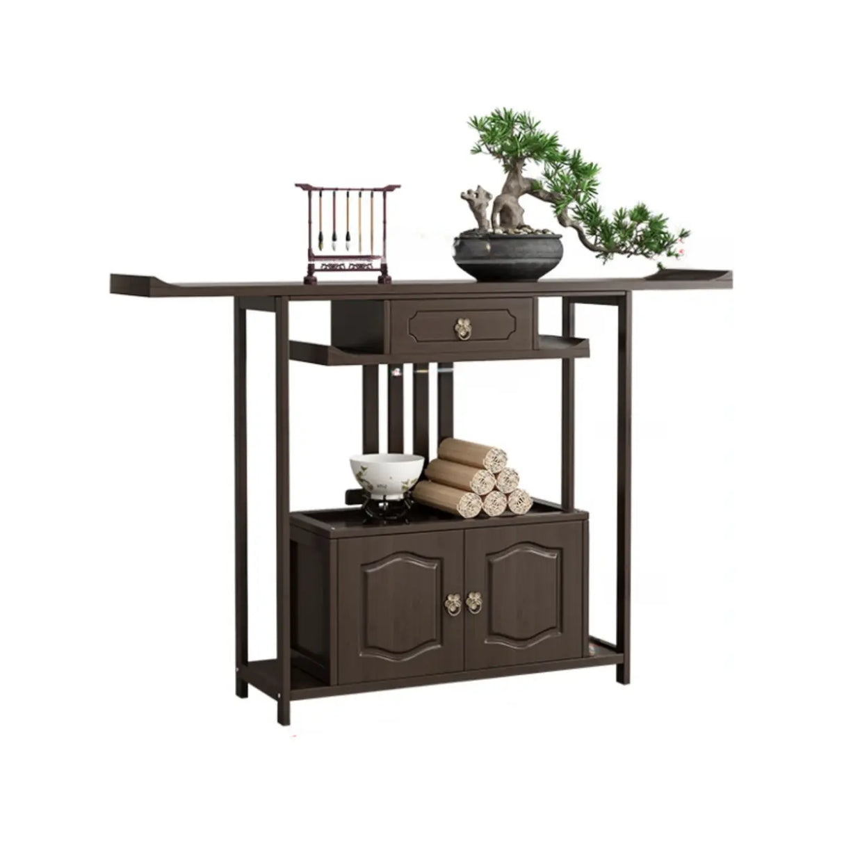 Dark Brown Wood Floor Shelf Console Table with Drawer Image - 6