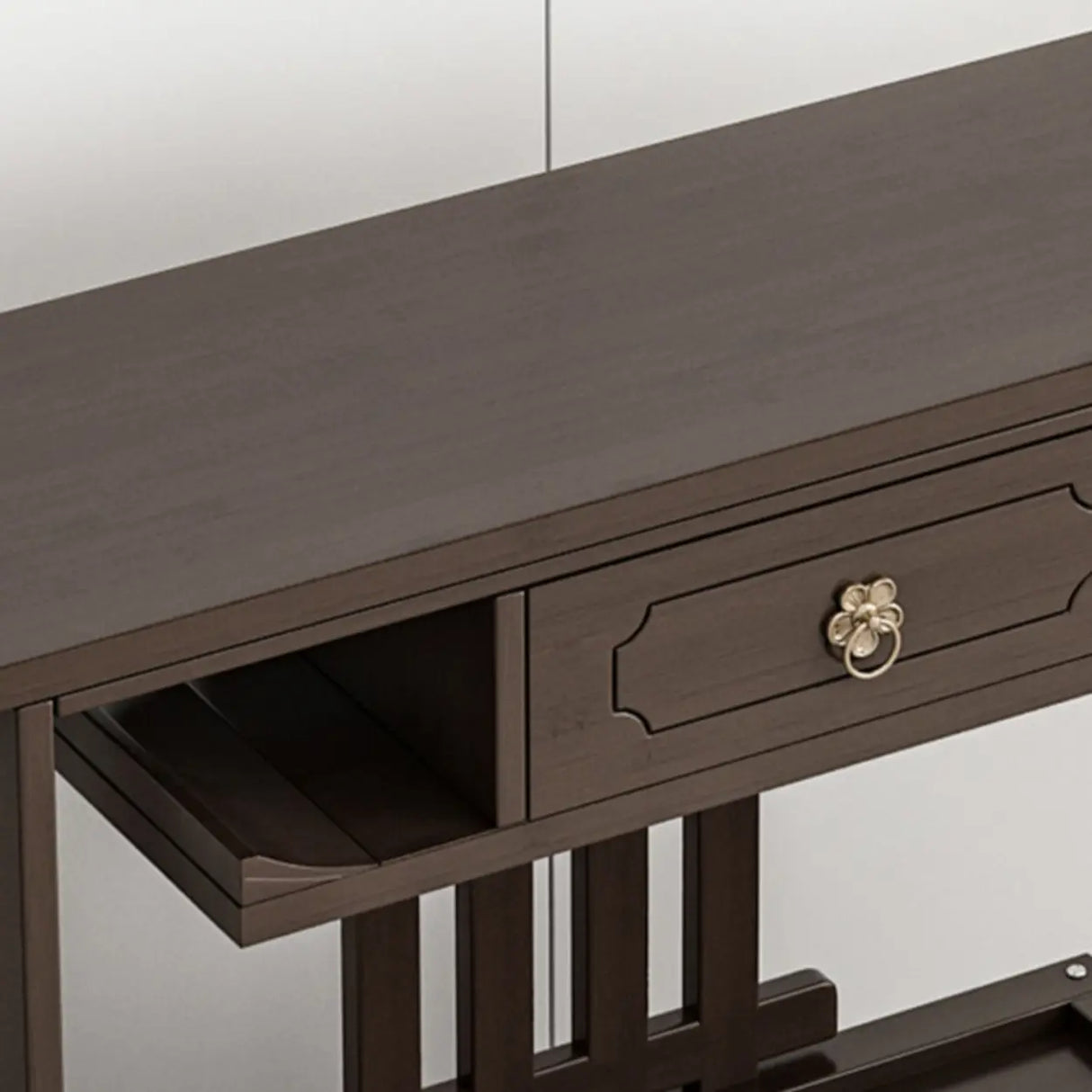 Dark Brown Wood Floor Shelf Console Table with Drawer Image - 7
