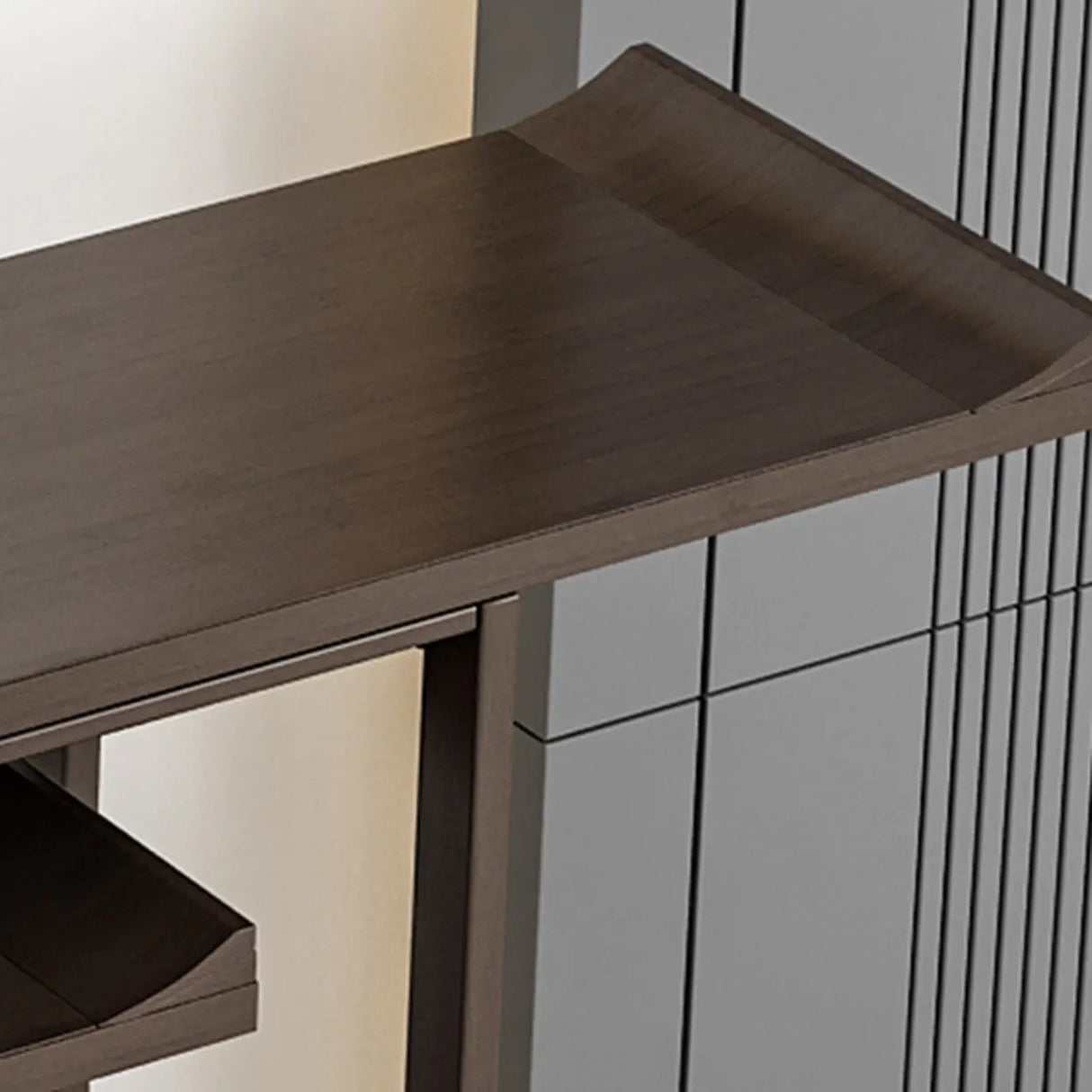 Dark Brown Wood Floor Shelf Console Table with Drawer Image - 8