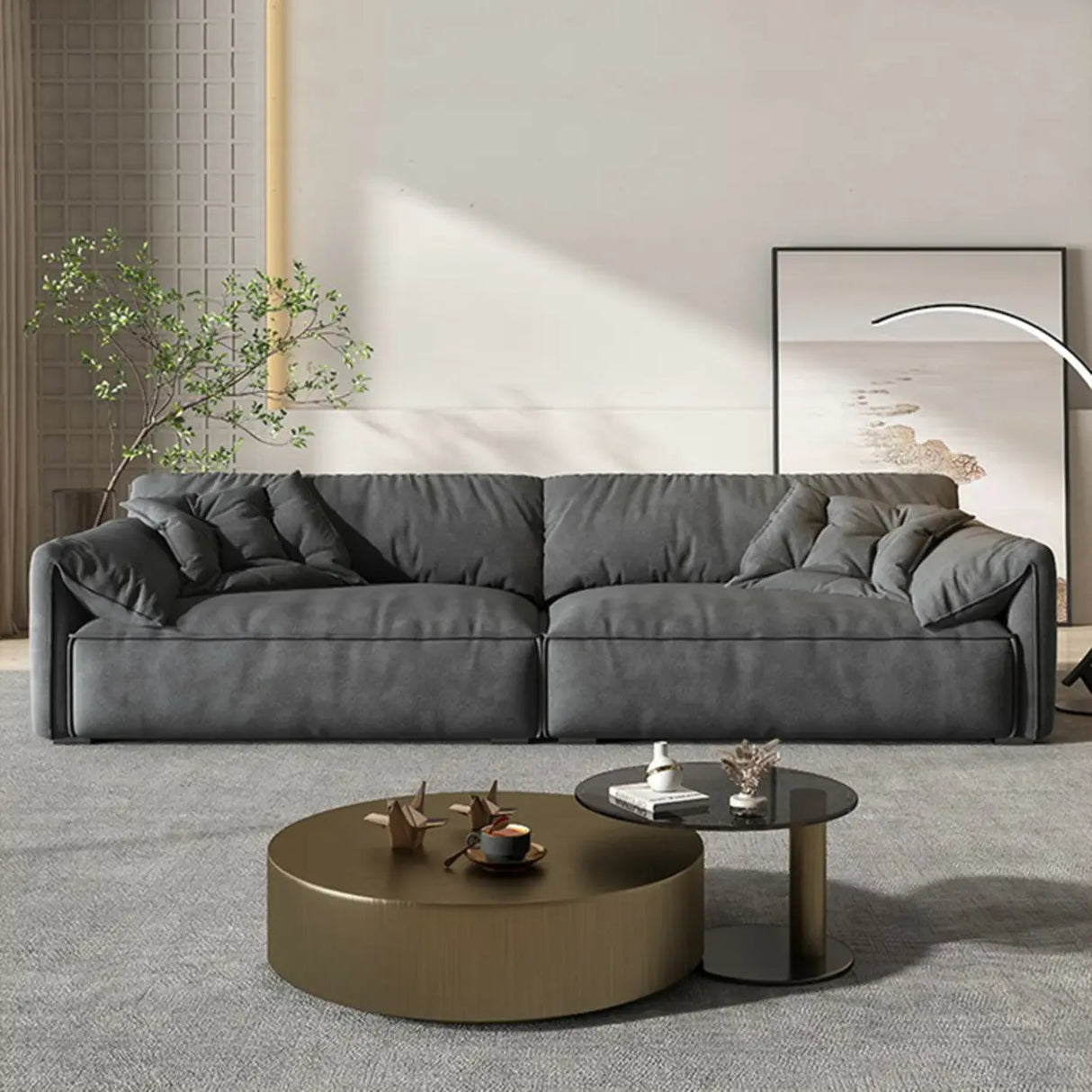 Dark Gray Abrasive Cloth Pillow Back 4 Seats Sofa Image - 1