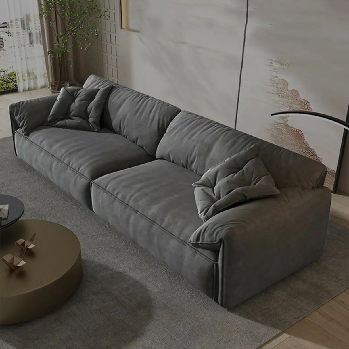 Dark Gray Abrasive Cloth Pillow Back 4 Seats Sofa Image - 7